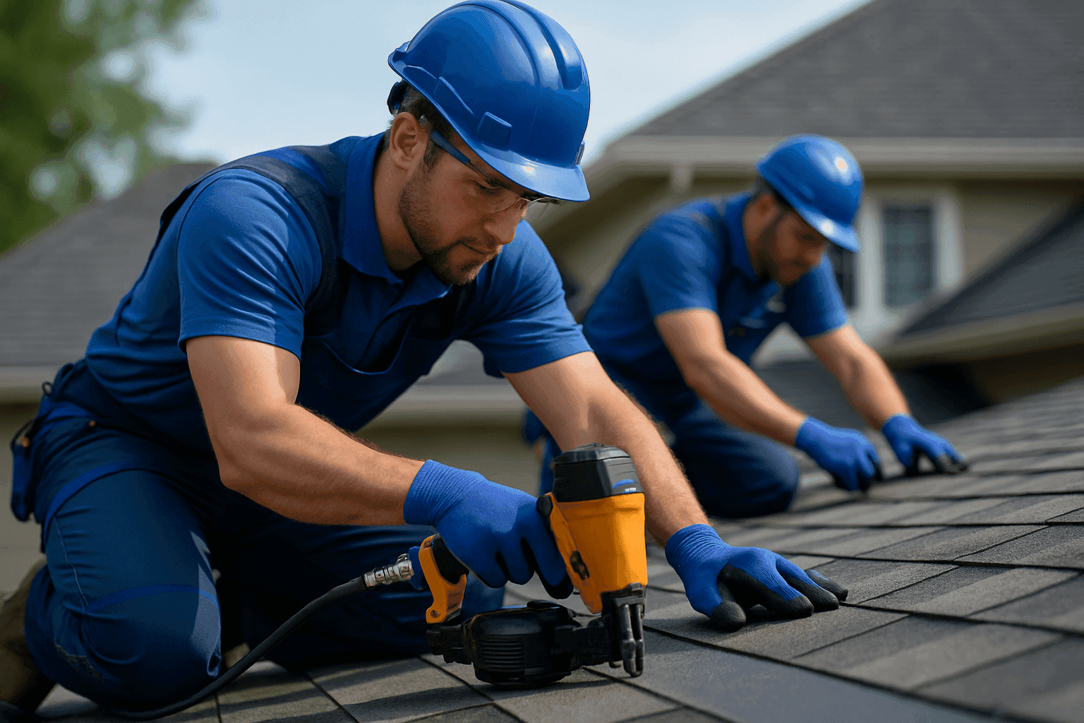 Professional residential roofing workers wearing helmets and gloves handling roofing tools on a clean shingled roof.